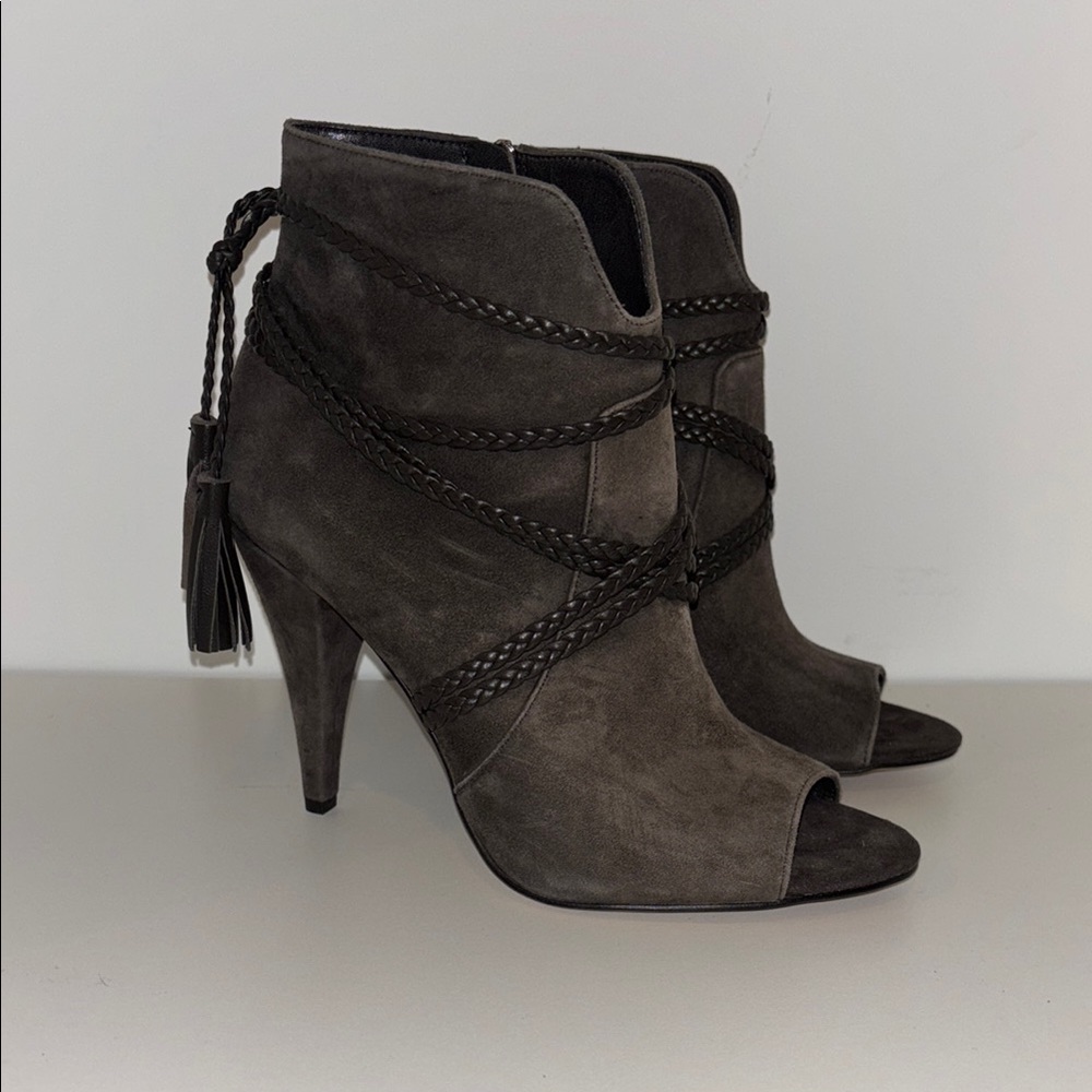Brown Suede Peep-Toe Ankle Boots